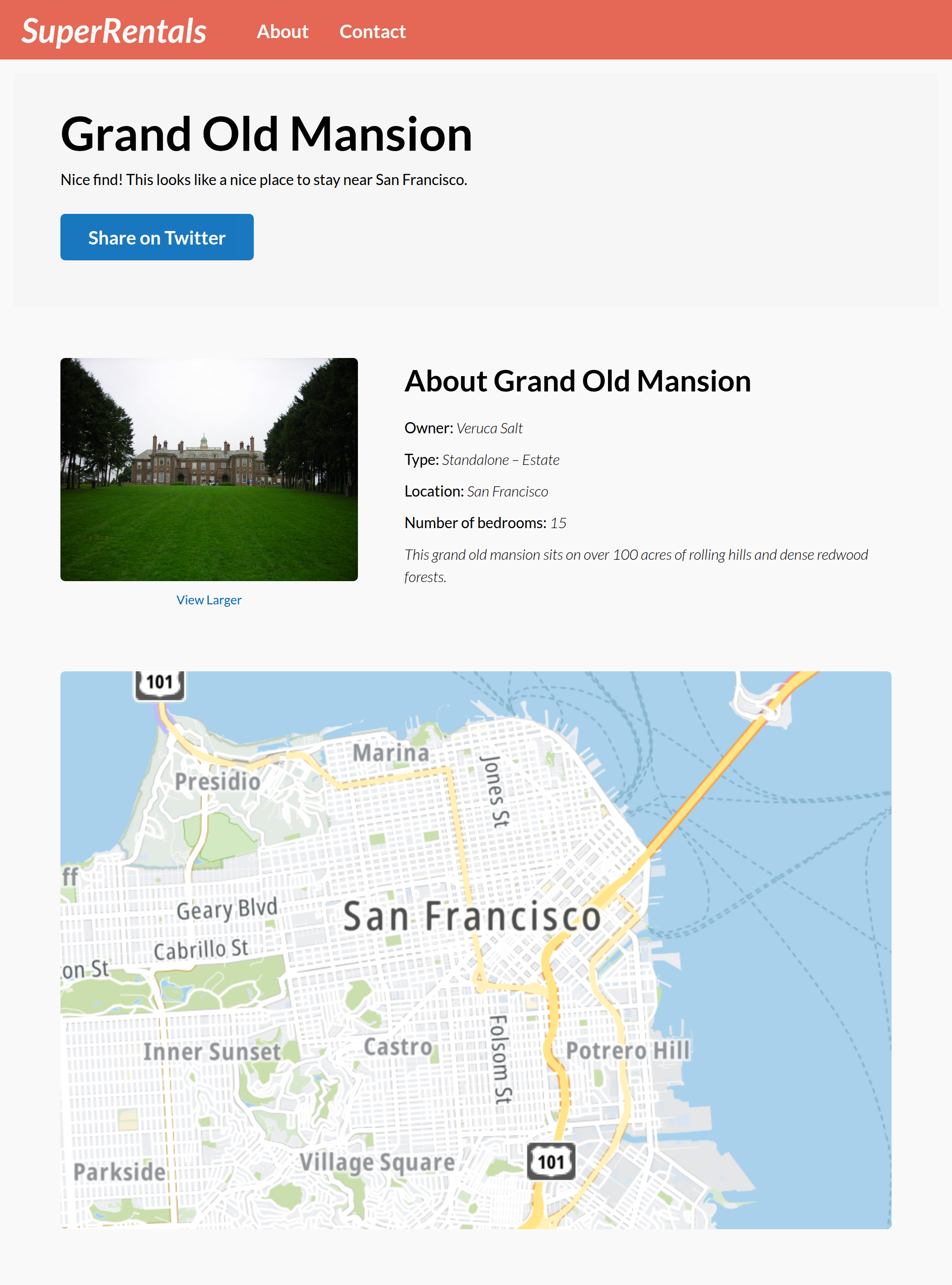 The Super Rentals app (rentals page) by the end of the chapter